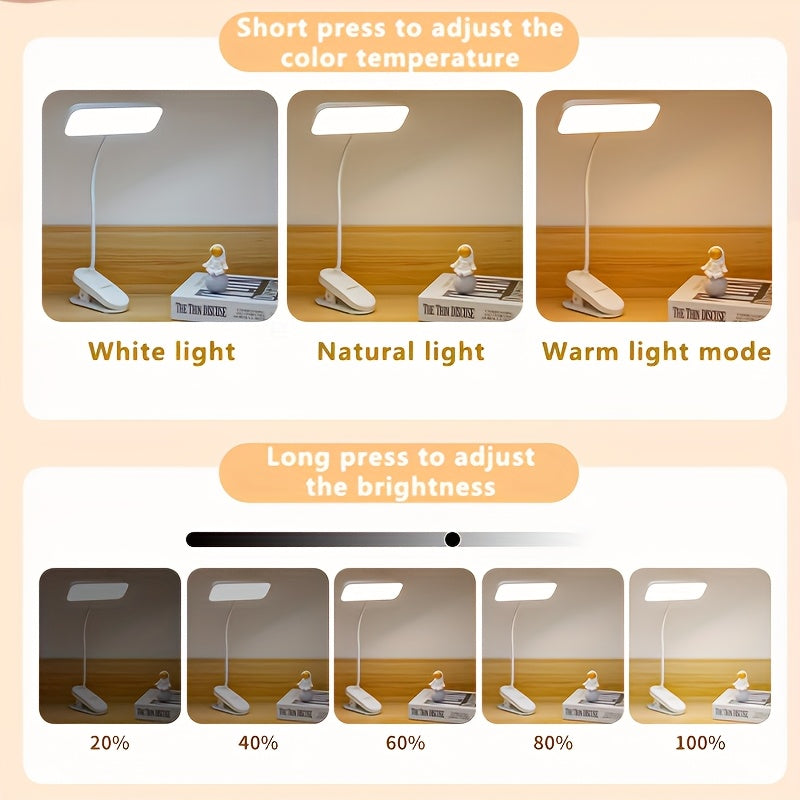 Lámpara de escritorio flexible con cuello de cisne, regulable, con 3 niveles de atenuación táctil y protección ocular, luz nocturna, recargable por USB, con abrazadera ajustable y control táctil.
