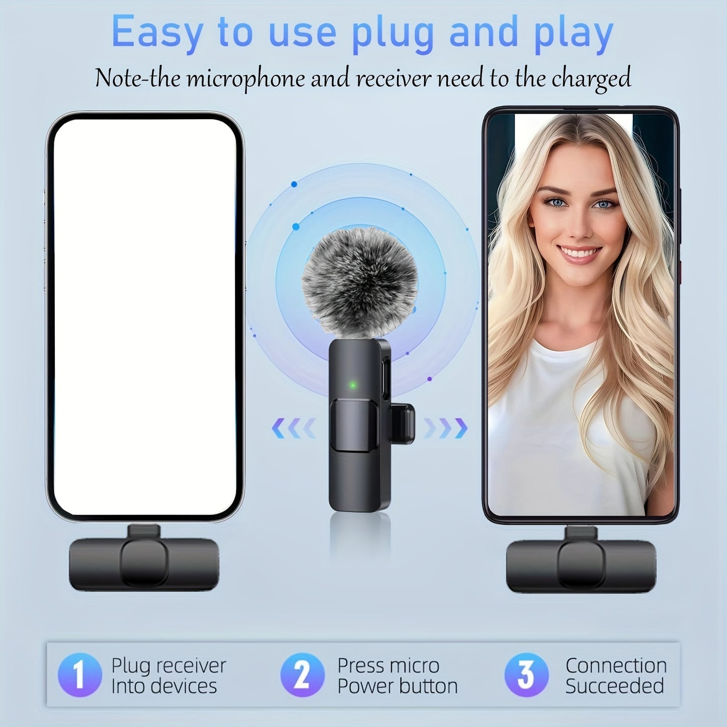 Micrófono de solapa inalámbrico con bola de pelo resistente al viento para smartphones, portátiles y grabación de audio y vídeo. Micrófono inalámbrico para entrevistas de vídeo, podcasts y vlogs.